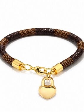 Anthropologie Brown Braided Cord Bracelet with Gold Heart Padlock Charm